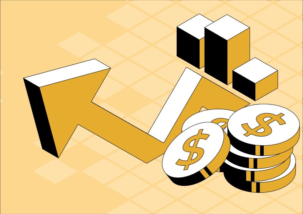Financial growth chart with rising arrow and coins representing increased business value
